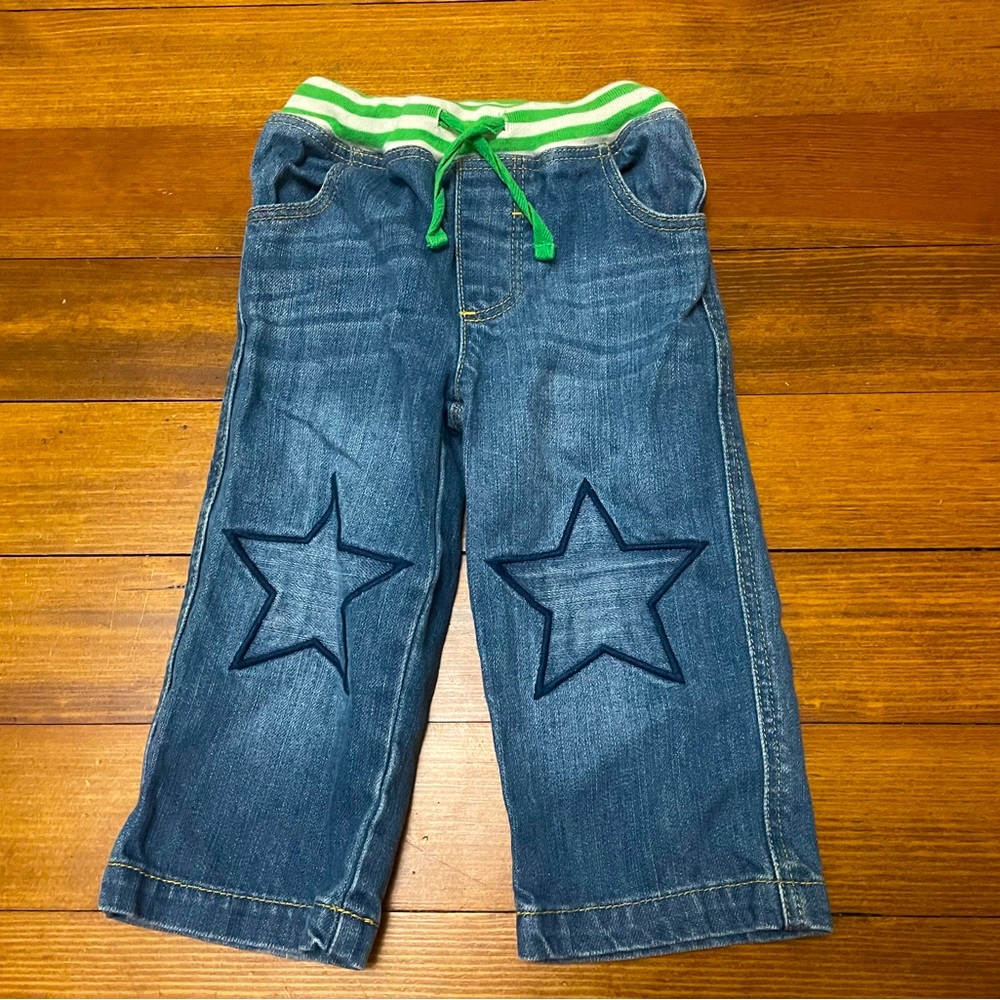 Baby Boden Blue Denim Star Knee Jeans w Green Striped Waistband Size 18-24 Month